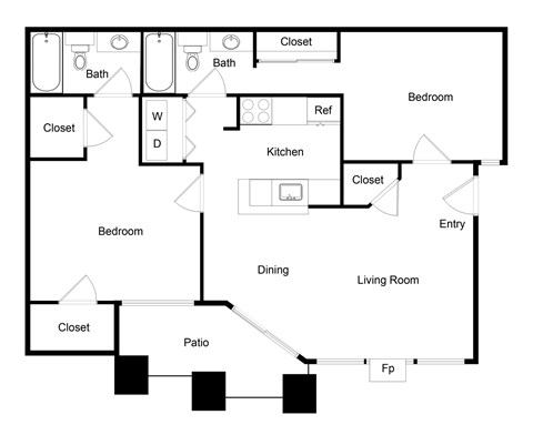 Floor plan for 2 beds, 2 baths, 962 sqft